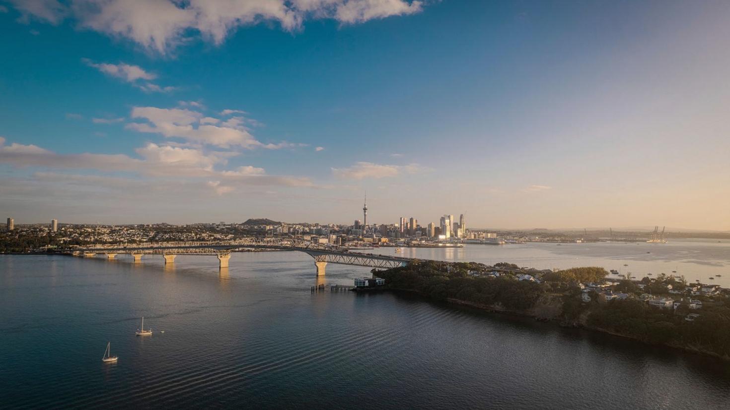 Auckland Harbor Bridge at sunset